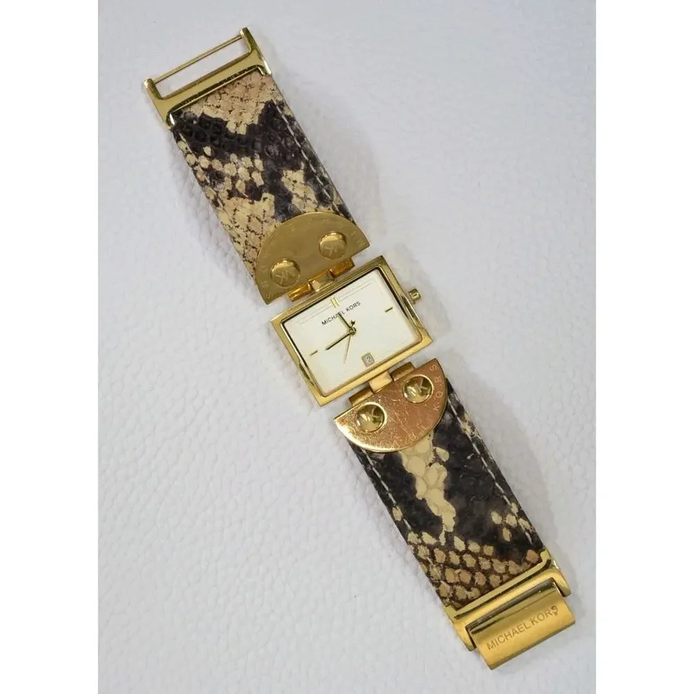 Michael Kors MK2114 Gold Square Watch Brown Python Snake Leather Band Date Dial
